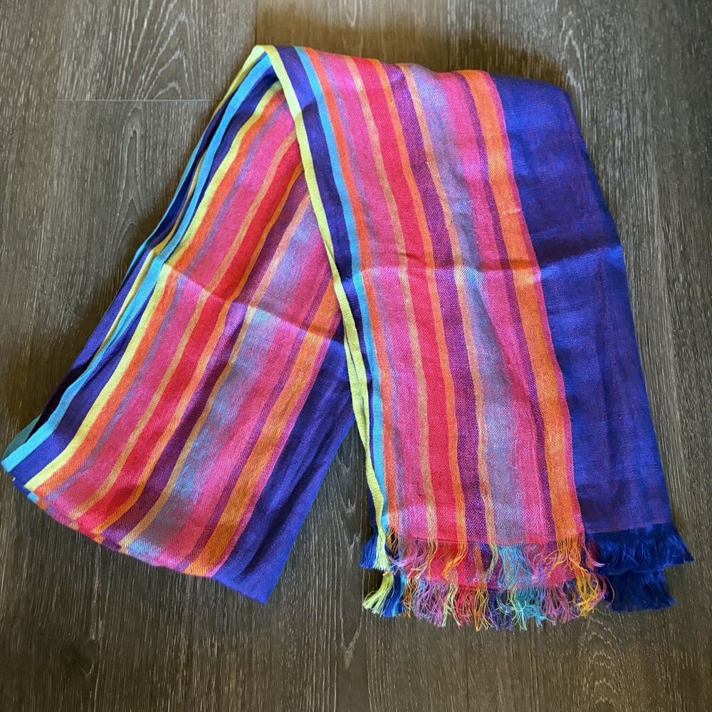 ETRO MILANO Multicolor Silk Linen Scarf Shawl Striped 76*20 Inch
